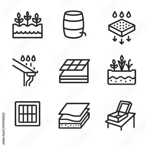 Green Roof Icons. Outline icon set of green roof and rainwater management: rooftop garden bed, rainwater harvesting barrel,