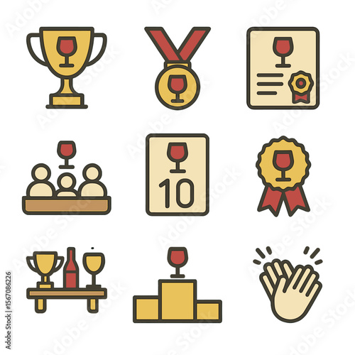 Wine Awards Icons. Flat icon set of wine awards: trophy cup, medal ribbon, certificate, judging panel, scorecard, winner’s ribbon,
