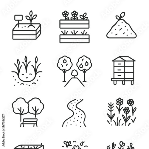 Green Spaces Icon Set. Outline icon set of community green spaces: community garden plot, raised planter beds, compost pile, rain