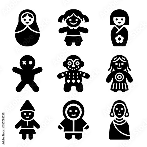 Globally Inspired Doll Icons. Solid, filled icon set of globally inspired doll toys: matryoshka, rag doll, kokeshi, voodoo doll,