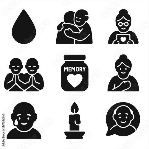 Emotional Moments Icons. Solid, filled icons set of emotional moments with elderly: tear drop, comforting hug,
