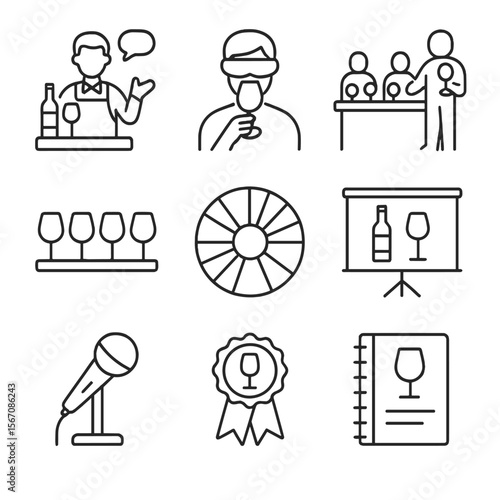 Wine Education Icons. Outline icon set of wine education sessions: sommelier lecture, blind tasting, workshop table, tasting