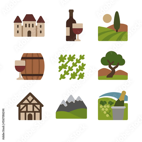 Wine Regions Icons. Flat icon set of famous wine regions: Bordeaux, Napa Valley, Tuscany, Rioja, Barossa Valley, Mosel, Mendoza,