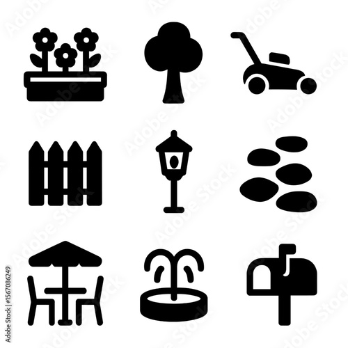 Modular Home Landscaping Icons. Solid, filled icon set of modular home landscaping: garden bed, tree, lawn mower, fence, outdoor