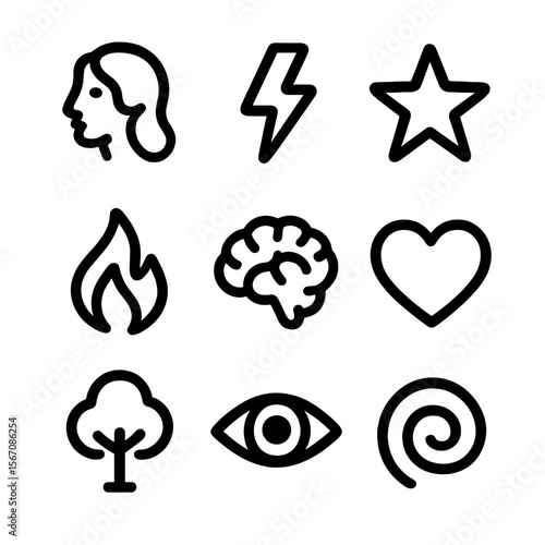Inspiration Icons Grid. Solid, filled icon set of inspiration and creativity: muse, lightning bolt, star, fire, brain, heart, tree