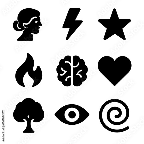 Inspiration Icons Grid. Solid, filled icon set of inspiration and creativity: muse, lightning bolt, star, fire, brain, heart, tree