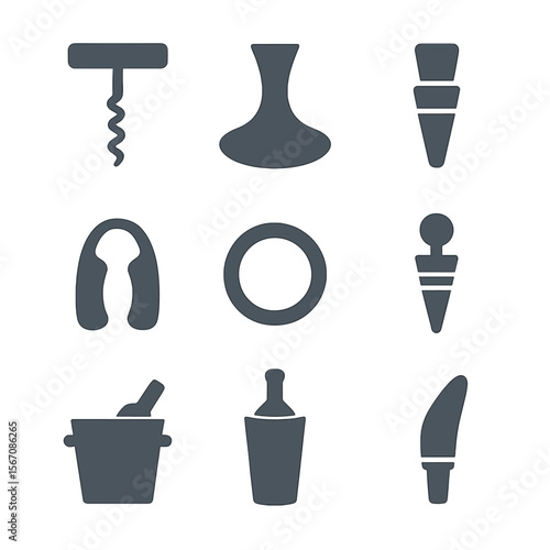 Wine Service Icons. Flat icon set of wine service tools: corkscrew, decanter, aerator, foil cutter, drip ring, bottle stopper, ice