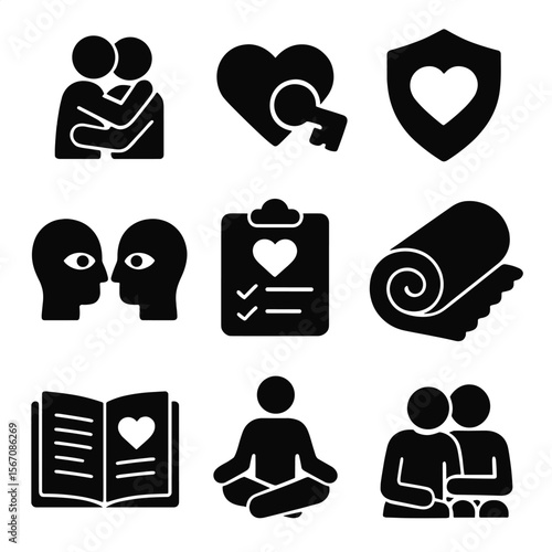 Emotional Intimacy Icons. Solid, filled icons set of emotional intimacy practices: cuddling couple,