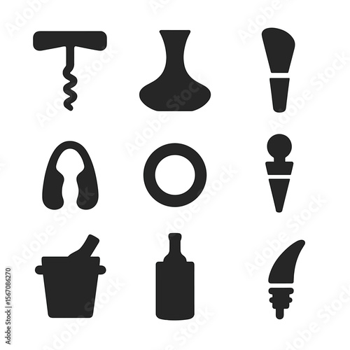 Wine Service Tools Icons. Solid, Filled icon set of wine service tools: corkscrew, decanter, aerator, foil cutter, drip ring,