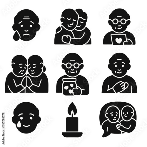 Emotional Moments Icons. Solid, filled icons set of emotional moments with elderly: tear drop, comforting hug,