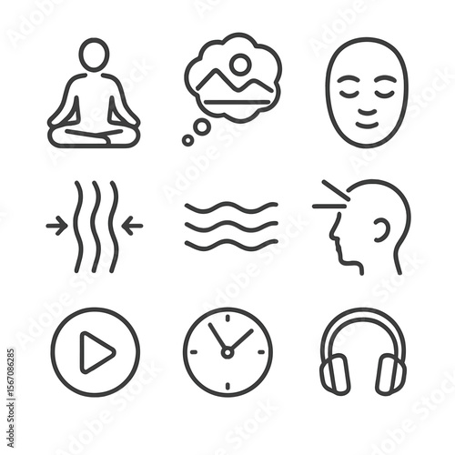 Guided Visualization Icons. Outline icon set of guided visualization practice: seated meditation silhouette, thought bubble with