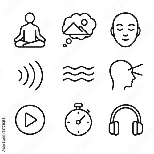 Guided Visualization Icons. Outline icon set of guided visualization practice: seated meditation silhouette, thought bubble with