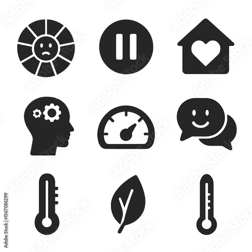 Emotional Regulation Icons. Solid, filled icons set of emotional regulation techniques: emotion wheel, pause
