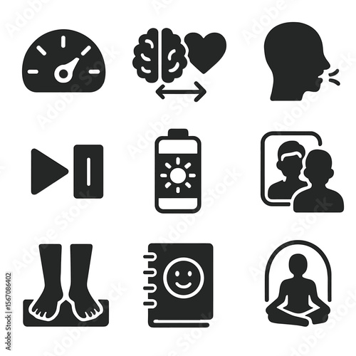 Emotional Self-Regulation Icons. Solid, filled icons set of emotional self-regulation: calm meter, brain-heart