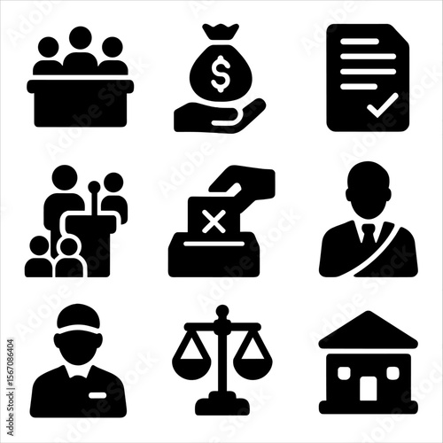 Governance Icon Set. Solid, filled icon set of Provincial governance: council meeting, budget allocation, policy document, public