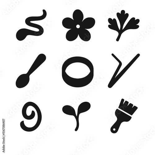 Gourmet Plating Icons. Solid, filled icon set of gourmet plating and presentation: sauce drizzle, edible flower, garnish, plating