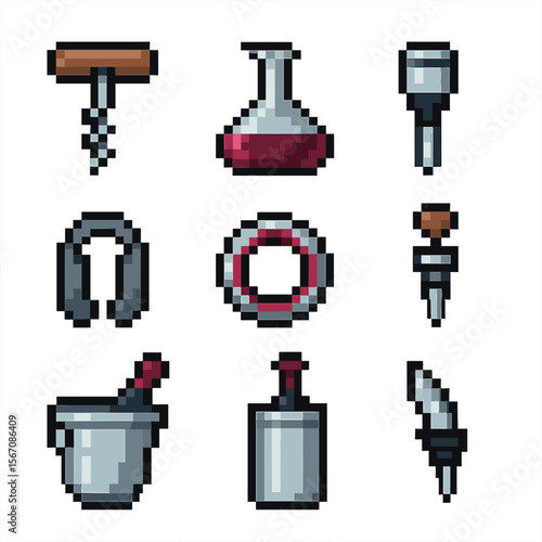 Wine Tools Icons. Pixel art icon set of wine service tools: corkscrew, decanter, aerator, foil cutter, drip ring, bottle stopper,