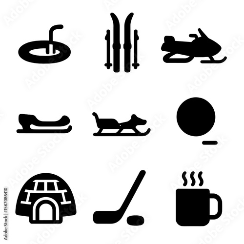 Winter Activities Icons. Flat icon set of cold-weather activities: ice fishing hole, cross-country skis, snowmobile, ice skating