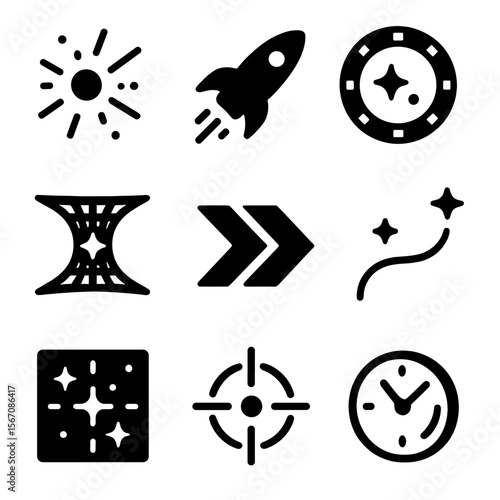 Intergalactic Travel Icons. Solid, filled icon set of intergalactic travel concepts: warp drive, spaceship trail, stargate portal,