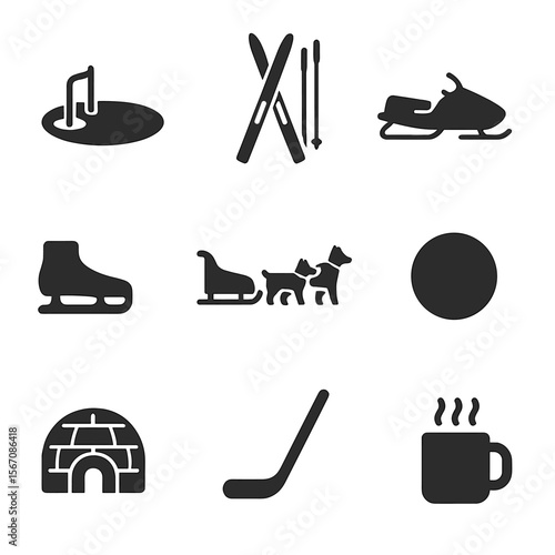 Winter Activities Icons. Flat icon set of cold-weather activities: ice fishing hole, cross-country skis, snowmobile, ice skating