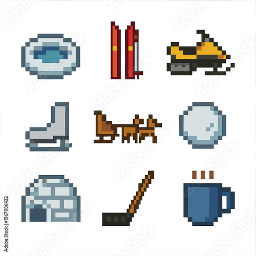 Winter Activities Icons. Pixel art icon set of cold-weather activities: ice fishing hole, cross-country skis, snowmobile, ice