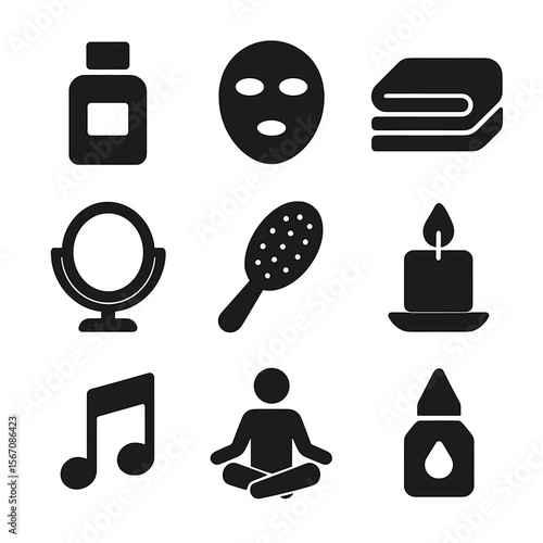 Morning Self-Care Icons. Solid, filled icon set of self-care in the morning: skincare bottle, face mask, bath towel, mirror,