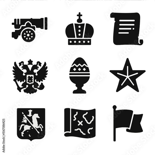 Moscow Historical Icons. Solid, filled icon set of Moscow historical icons: Tsar cannon, Romanov crown, old manuscript, imperial