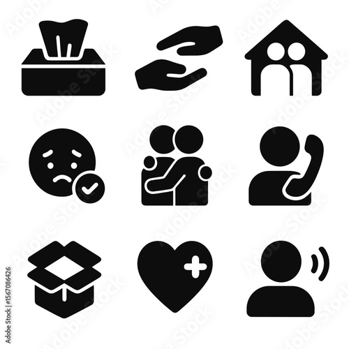 Emotional Support Icons. Solid, filled icons set of supporting friends emotionally: tissue box, comforting