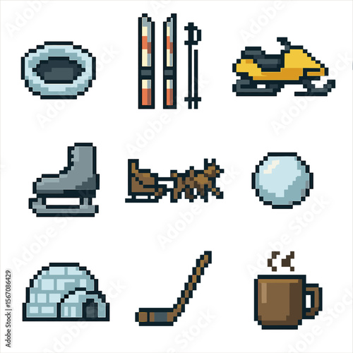 Winter Activities Icons. Pixel art icon set of cold-weather activities: ice fishing hole, cross-country skis, snowmobile, ice