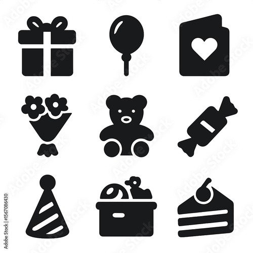 Grandchildren Gift Icons. Solid, filled icon set of grandchildren gifts: wrapped present, balloon, greeting card, flower bouquet,