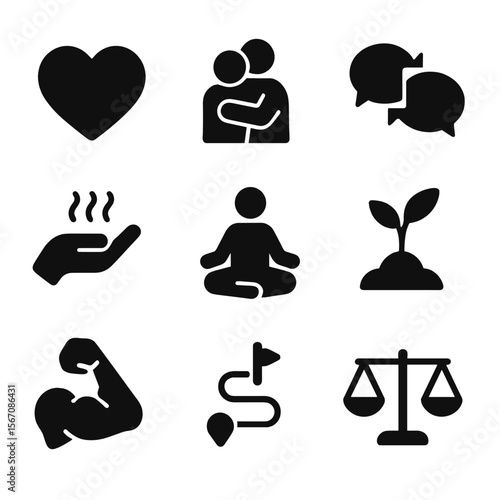 Emotional Support Icons. Solid, filled icons set of emotional support and healing: heart icon, hug silhouette,