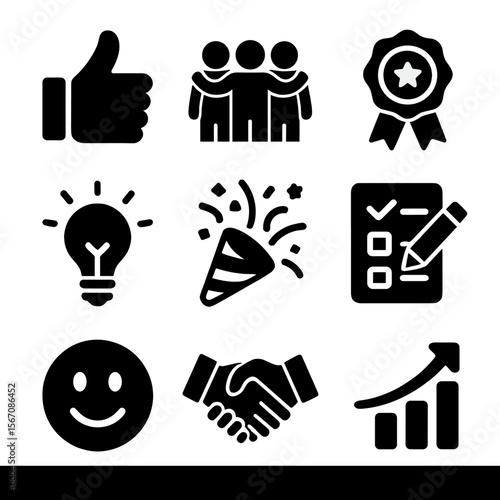 Employee Engagement Icons. Solid, filled icons set of employee engagement and motivation strategies: thumbs up
