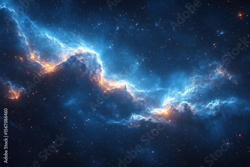 Starry sky with a cluster of stars and a bright blue cloud