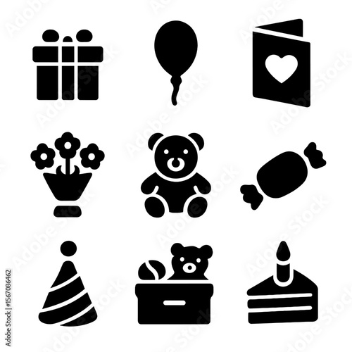 Grandchildren Gift Icons. Solid, filled icon set of grandchildren gifts: wrapped present, balloon, greeting card, flower bouquet,