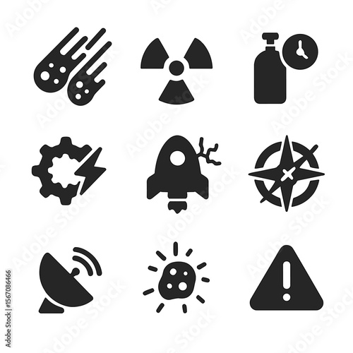 Interstellar Mission Icons. Solid, filled icon set of interstellar mission challenges: meteor shower, radiation warning, oxygen