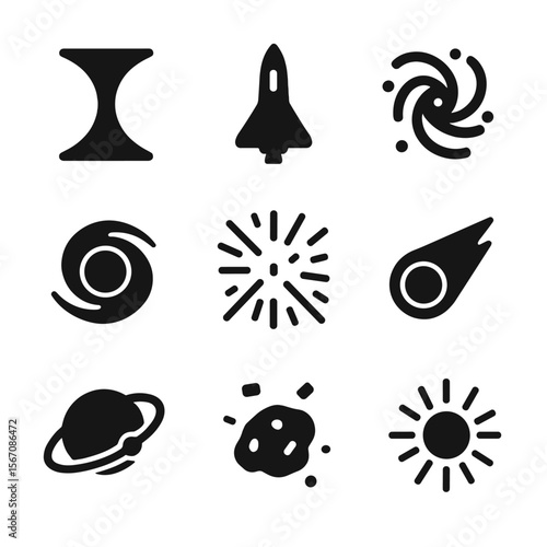 Interstellar Icon Grid. Solid, filled icon set of interstellar travel concepts: wormhole, starship, galaxy, black hole, hyperspace
