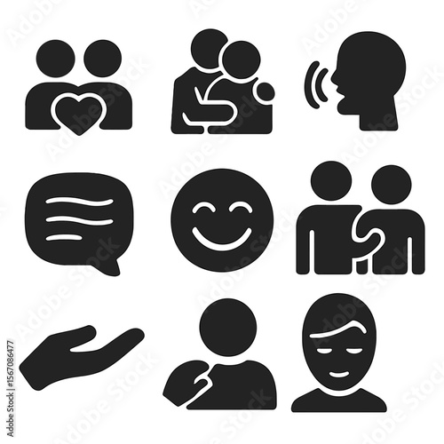 Emotional Support Icons. Solid, filled icons set of emotional support conversations: shared heart, comfort
