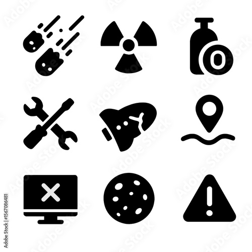 Interstellar Mission Icons. Solid, filled icon set of interstellar mission challenges: meteor shower, radiation warning, oxygen