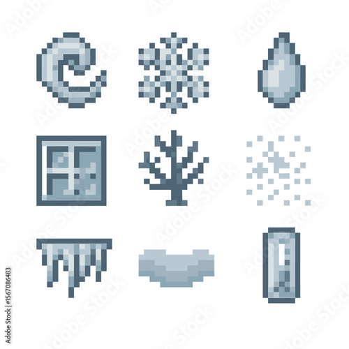 Winter Frost Icons. Pixel art icon set of winter window frost: frost swirl, ice crystal cluster, condensation droplet, etched pane