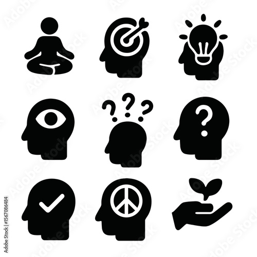 Introspection Icon Set. Solid, filled icon set of introspection states: mindfulness, focus, clarity, confusion, doubt, acceptance,