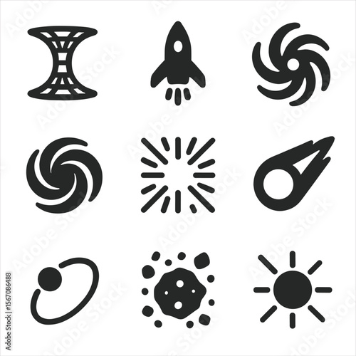 Interstellar Icon Grid. Solid, filled icon set of interstellar travel concepts: wormhole, starship, galaxy, black hole, hyperspace