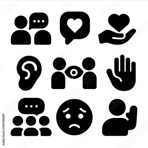 Interpersonal Communication Icons. Solid, filled icon set of interpersonal communication: two people talking, heart bubble,