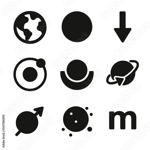 Gravity Icon Set. Solid, filled icon set of gravitational forces: Earth, Moon, gravity pull arrow, orbit lines, tide bulge, axis