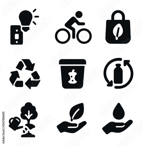 Eco Habits Icons. Solid, filled icons set of eco habits: turn off lights, bike ride, bring your own bag,