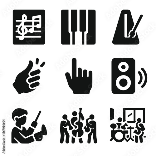 Jazz Rehearsal Icons. Solid, filled icon set of jazz rehearsal scenes: music chart, piano keys, metronome, finger snap, cue