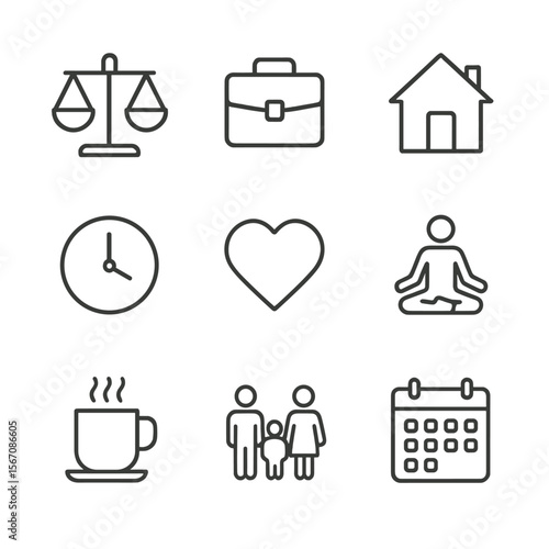 Work-Life Balance Icons. Outline icon set of work-life balance: scale, briefcase, house, clock, heart, yoga pose, coffee cup,