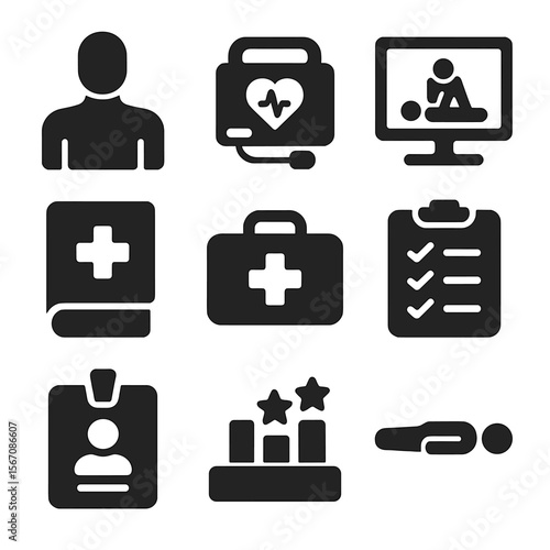 EMS Training Icons. Solid, filled icons set of EMS training and simulation: CPR dummy, training AED, scenario