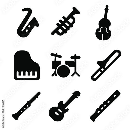 Jazz Instrument Icons. Solid, filled icon set of jazz performance instruments: saxophone, trumpet, double bass, piano, drum set,