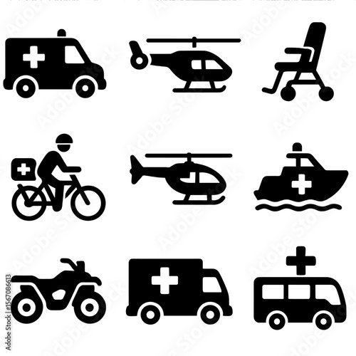 EMS Transport Icons. Solid, filled icons set of EMS transportation types: road ambulance, air ambulance,