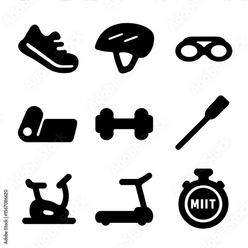 Workout Mode Icons. Solid, Filled icon set of workout mode presets: running shoe, cycling helmet, swim goggles, yoga mat, dumbbell